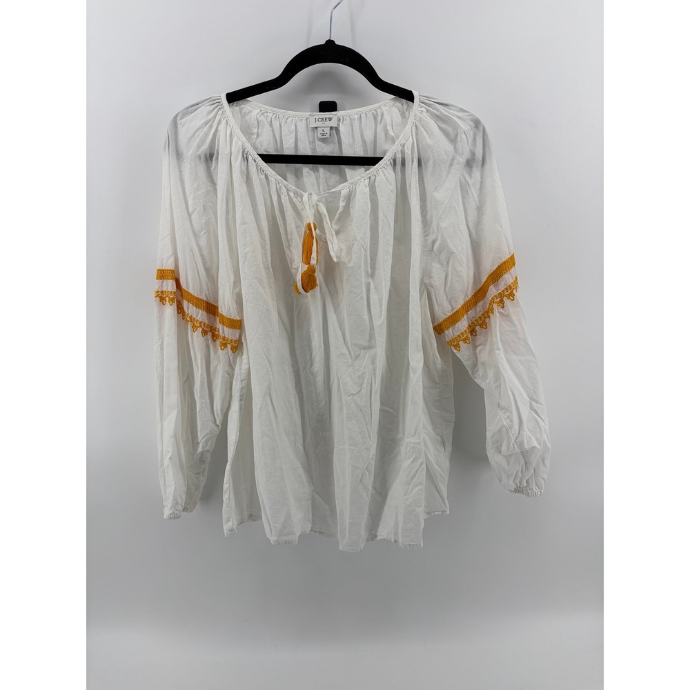 J.Crew Cotton White Pullover Embroidery Tasseled Long Sleeve Top Womens Large